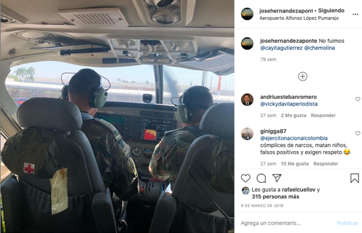 El Ñeñe Hernández se trasportaba en aeronaves del Ejército cuando el ministro de Defensa era Guillermo Botero. Publicó fotografías de un viaje personal que hizo en el avión EJC-1136 el 9 de marzo de 2019