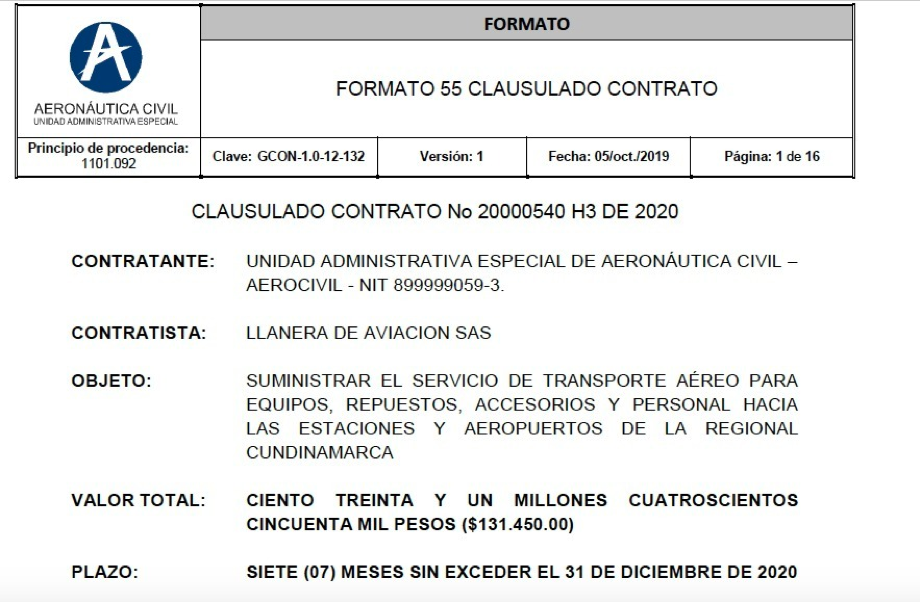 Segundo contrato entre Aerocivil y Llanera de Aviación que debió haber sido liquidado en diciembre de 2019.